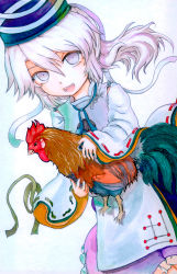 Rule 34 | 1girl, bad id, bad pixiv id, bird, chicken, female focus, hat, japanese clothes, kariginu, kinohanaomise, long hair, looking at viewer, mononobe no futo, open mouth, rooster, solo, touhou