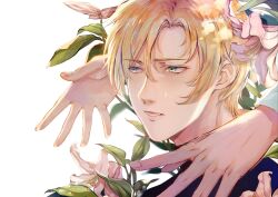 Rule 34 | 1boy, 1other, ash lynx, banana fish, bishounen, blonde hair, brown eyes, brown hair, close-up, crying, crying with eyes open, dappled sunlight, flower, green eyes, highres, lily (flower), looking to the side, male focus, okumura eiji, open mouth, out of frame, pink flower, plant, portrait, short hair, sunlight, teardrop, tears, vidave1, white background