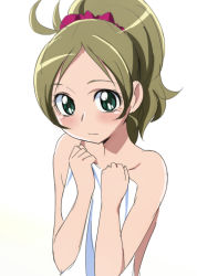 Rule 34 | 10s, 1girl, blush, brown hair, covering privates, embarrassed, green eyes, looking at viewer, minamino kanade, naked towel, nude cover, oimanji, precure, simple background, solo, suite precure, towel, white background