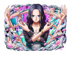 Rule 34 | 1girl, armlet, black hair, blue eyes, bracelet, breasts, cleavage, closed mouth, disembodied hand, hana hana no mi, jewelry, long hair, looking at viewer, medium breasts, nico robin, official art, one piece, one piece treasure cruise, ring, solo, solo focus