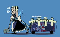 Rule 34 | 2girls, bloody marie (skullgirls), blue background, blue hair, from side, grey hair, hair ornament, hiding, highres, kuroirozuki, leviathan (skullgirls), looking at viewer, lying, maid headdress, mary janes, multiple girls, on side, pantyhose, pulling, red eyes, shaking, shoes, skull hair ornament, skullgirls, smile, squigly (skullgirls), stitched mouth, stitches, sweatdrop, twintails, vacuum cleaner, wheel, zombie