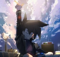 Rule 34 | 1boy, aoki (fumomo), arm up, black coat, black hair, card, closed mouth, coat, day, duel disk, closed eyes, holding, holding card, index finger raised, lens flare, long hair, long sleeves, male focus, manjoume jun, open clothes, open coat, outdoors, purple shirt, shirt, smile, smug, solo, spiked hair, upper body, yu-gi-oh!, yu-gi-oh! gx