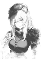 Rule 34 | 1girl, absurdres, anhao1224, animal ears, arknights, bad id, bad twitter id, cape, coat of arms, gravel (arknights), gravel (modeling night) (arknights), greyscale, hat, highres, looking at viewer, monochrome, mouse ears, official alternate costume, parted lips, sidelocks, simple background, sketch, smile, solo, upper body, white background
