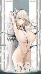 Rule 34 | 1girl, :o, animal print, areola slip, armpits, arms behind head, arms up, azur lane, bare hips, between breasts, breasts, choker, clothing cutout, collar, cow print, crotch seam, detached sleeves, dress, dripping, elbow gloves, formidable (azur lane), gloves, halo, highres, impossible clothes, large breasts, long hair, looking at viewer, navel, navel cutout, necktie, necktie between breasts, pout, sailor collar, sailor dress, sailor shirt, shirt, sideboob, slingshot swimsuit, swimsuit, thighhighs, topless, twintails, wet, white hair, yusha m