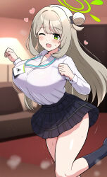 Rule 34 | 1girl, ;d, black skirt, black socks, blue archive, blush, breasts, collared shirt, green eyes, halo, heart, highres, huge breasts, id card, indoors, kneehighs, lanyard, light brown hair, long hair, long sleeves, looking at viewer, nonomi (blue archive), one eye closed, open mouth, pleated skirt, pyooon pyooon, shirt, shirt tucked in, skirt, smile, socks, solo, sweat, tongue, white shirt