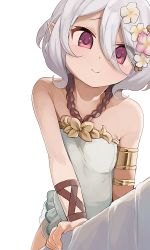 Rule 34 | 1girl, armlet, bare shoulders, closed mouth, flower, hair between eyes, hair flower, hair ornament, highres, hiroki (yyqw7151), kokkoro (princess connect!), kokkoro (summer) (princess connect!), looking at viewer, pointy ears, princess connect!, red eyes, short hair, simple background, smile, solo, white background, white hair