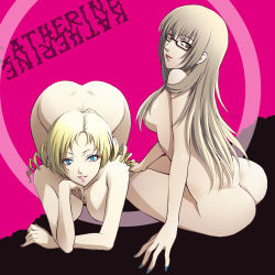 Rule 34 | 2girls, ass, atlus, bent over, blonde hair, blue eyes, breasts, brown eyes, brown hair, catherine, catherine (game), censored, convenient censoring, dimples of venus, drill hair, english text, frown, glasses, hair censor, katherine mcbride, kuroda akimi, lips, lipstick, long hair, looking back, makeup, multiple girls, nail polish, nude, semi-rimless eyewear, sitting, small breasts, smile, top-down bottom-up, under-rim eyewear