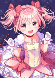 Rule 34 | 1girl, :d, absurdres, blush, bow, breasts, choker, dot nose, frilled skirt, frilled sleeves, frills, gloves, hair bow, hands up, happy, heart, heart-shaped pupils, highres, kaname madoka, looking at viewer, magical girl, mahou shoujo madoka magica, mahou shoujo madoka magica (anime), night, night sky, open mouth, pink bow, pink eyes, pink hair, pinky out, puffy short sleeves, puffy sleeves, red choker, short hair, short sleeves, short twintails, skirt, sky, small breasts, smile, solo, string, string of fate, symbol-shaped pupils, twintails, upper body, white gloves, white skirt