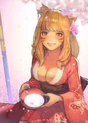 Rule 34 | 1girl, animal ears, warrior of light (ff14), blonde hair, breasts, brown eyes, cat ears, cherry blossoms, cleavage, collarbone, commentary request, commission, cup, earrings, facial mark, falling petals, final fantasy, final fantasy xiv, flower, hair flower, hair ornament, hide (hideout), highres, japanese clothes, jewelry, kimono, large breasts, long hair, miqo&#039;te, nail polish, obi, parted lips, petals, pink background, pink flower, red kimono, red nails, sakazuki, sash, sitting, skeb commission, smile, solo, whisker markings