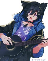 Rule 34 | 1boy, animal hood, black hair, black nails, collar, collarbone, commentary request, guitar, hair between eyes, handprint, holding, holding instrument, holostars, hood, hood up, hoodie, instrument, kanade izuru, looking at viewer, male focus, music, nail polish, nyokkiiiiin, o-ring, open mouth, playing instrument, purple eyes, singing, solo, spiked collar, spikes, standing, translation request, upper body, virtual youtuber, white background