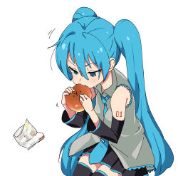 Rule 34 | 1girl, absurdres, aqua eyes, aqua hair, bad id, bad pixiv id, detached sleeves, domo1220, eating, hatsune miku, highres, itoshige, long hair, md5 mismatch, necktie, simple background, skirt, solo, thighhighs, twintails, very long hair, vocaloid, white background