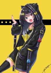 Rule 34 | 1girl, :o, animal ears, animal hood, artist name, black hair, black jacket, black shirt, black thighhighs, blue eyes, collarbone, commentary, d-pad, d-pad hair ornament, fake animal ears, fang, hair ornament, hand up, heterochromia, highres, hood, hooded jacket, jacket, long hair, long sleeves, looking at viewer, nail polish, open clothes, open jacket, open mouth, original, pac-man (game), red eyes, shirt, solo, thighhighs, yaki mayu, yellow background