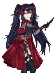 Rule 34 | 1girl, black gloves, black hair, black thighhighs, breasts, closed mouth, cowboy shot, dagger, dress, gloves, hair between eyes, hair ribbon, highres, holding, holding dagger, holding knife, holding weapon, knife, long hair, long sleeves, looking at viewer, luicent, original, red dress, red eyes, red ribbon, ribbon, sanpaku, simple background, small breasts, solo, standing, thighhighs, twintails, very long hair, weapon, white background