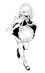 Rule 34 | 1girl, apron, back bow, bow, braid, closed mouth, full body, greyscale, hair bow, high heels, highres, izayoi sakuya, leaning forward, looking at viewer, maid, maid apron, maid headdress, mary janes, miniskirt, monochrome, one eye closed, ruukii drift, shoes, short hair, side braids, simple background, skirt, skirt hold, smile, solo, thighhighs, touhou, waist apron, white background, white thighhighs