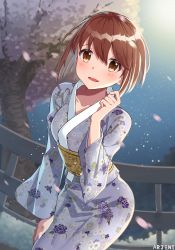 Rule 34 | 1girl, absurdres, arjent, artist name, blush, bob cut, brown eyes, brown hair, cherry blossoms, hagiwara yukiho, highres, idolmaster, idolmaster (classic), japanese clothes, kimono, looking at viewer, night, open mouth, railing, short hair, solo