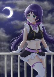 Rule 34 | 1girl, aqua eyes, gloves, long hair, looking at viewer, love live!, misappi, purple hair, sleeveless, smile, solo, tojo nozomi, twintails
