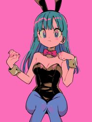 Rule 34 | 1girl, animal ears, aqua hair, black leotard, blue eyes, blue pantyhose, blush stickers, bow, breasts, bulma, cleavage, dragon ball, dragon ball (classic), fake animal ears, highres, invisible chair, leotard, long hair, looking at viewer, medium breasts, menma (enaic31), pantyhose, pink background, playboy bunny, rabbit ears, red bow, simple background, sitting, solo, strapless, strapless leotard, white wrist cuffs, wrist cuffs