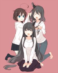 Rule 34 | 10s, 3girls, ^ ^, adjusting another&#039;s hair, ahoge, alternate costume, black hair, black legwear, black skirt, blue eyes, closed eyes, commentary request, fusou (kancolle), hair ornament, kantai collection, kneeling, long hair, long sleeves, multiple girls, naoto (tulip), open mouth, pink background, remodel (kantai collection), ribbed sweater, seiza, shigure (kancolle), short hair, simple background, sitting, skirt, smile, sweater, yamashiro (kancolle)