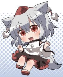 1girl :3 :d animal_ears bare_shoulders black_skirt blue_background blush chibi chibi_only commentary_request detached_sleeves fang full_body geta grey_hair hat highres inubashiri_momiji open_mouth pom_pom_(clothes) red_eyes red_footwear red_hat red_skirt rokugou_daisuke shirt short_hair signature skirt sleeveless sleeveless_shirt smile solo tail tokin_hat touhou turtleneck turtleneck_shirt two-tone_background two-tone_skirt white_background white_shirt white_sleeves wide_sleeves wolf_ears wolf_girl wolf_tail