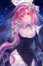 Rule 34 | 1girl, bat (animal), black corset, black dress, black ribbon, blush, breasts, cleavage, cleavage cutout, clothing cutout, commentary, corset, cross, dress, earrings, english commentary, flower, graveyard, hair behind ear, head tilt, highres, holding, holding flower, indie virtual youtuber, inverted cross, inverted cross earrings, jewelry, long hair, looking at viewer, medium breasts, mole, mole on breast, moon, neck ribbon, night, night sky, nini yuuna, nun, open mouth, ribbon, second-party source, shoulder cutout, side slit, sky, smile, solo, spacelongcat, thighhighs, veil, very long hair, virtual youtuber, white thighhighs, wide hips