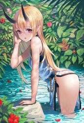 Rule 34 | 1girl, arm support, bare arms, bare shoulders, belt, black one-piece swimsuit, blonde hair, bush, clothes lift, demon girl, dress, flower, from side, hair between eyes, highres, horns, leaning forward, long hair, looking at viewer, one-piece swimsuit, oni horns, original, parted lips, pelvic curtain, pink eyes, pointy ears, pond, red flower, rock, see-through, signature, sion (9117), skirt, skirt lift, solo, standing, swimsuit, thighs, very long hair, wading, water, wet, wet clothes, wet dress, white dress