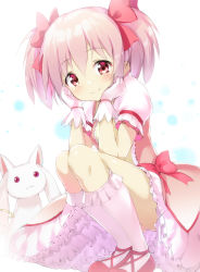 Rule 34 | 1girl, ass, bad id, bad pixiv id, blush, bow, closed mouth, commentary request, creature, frilled kneehighs, frilled skirt, frills, hair between eyes, hair bow, highres, kaname madoka, kneehighs, kyubey, mahou shoujo madoka magica, mahou shoujo madoka magica (anime), pink hair, pink shirt, pink skirt, pink socks, puffy short sleeves, puffy sleeves, red bow, red eyes, red footwear, rekareka, shirt, shoes, short sleeves, skirt, smile, socks, squatting, twintails