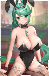 Rule 34 | 1girl, absurdres, animal ears, arm support, blurry, blurry background, blush, border, bow, bowtie, breasts, chest jewel, cleavage, earrings, fake animal ears, fishnet thighhighs, fishnets, gonzarez, green eyes, green hair, highres, jewelry, large breasts, leotard, looking at viewer, playboy bunny, pneuma (xenoblade), ponytail, rabbit ears, sitting, solo, swept bangs, thighhighs, tiara, white border, wrist cuffs, xenoblade chronicles (series), xenoblade chronicles 2