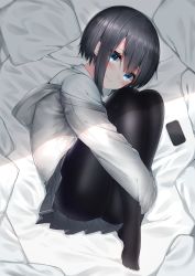 Rule 34 | 1girl, bed sheet, black hair, black pantyhose, blue eyes, blush, cellphone, closed mouth, collared shirt, commentary request, full body, grey jacket, hair between eyes, highres, hood, hood down, hooded jacket, hugging own legs, jacket, long sleeves, lying, neku (neku draw), no shoes, off shoulder, on side, original, pantyhose, phone, pillow, shirt, short hair, sidelocks, sleeves past wrists, smile, solo, white shirt