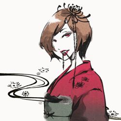 Rule 34 | 1girl, brown hair, female focus, japanese clothes, kimono, lipstick, makeup, meiko (vocaloid), mouth hold, red eyes, short hair, shou shishi, solo, traditional media, vocaloid, white background