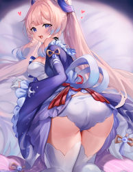 Rule 34 | 1girl, ass, bare shoulders, bed, blue hair, breasts, cameltoe, come hither, detached sleeves, docozi35, flying heart, from behind, genshin impact, gloves, gradient hair, hair ornament, highres, huge ass, long hair, looking at viewer, looking back, medium breasts, multicolored hair, naughty face, open mouth, pink hair, purple eyes, sangonomiya kokomi, shiny clothes, shiny skin, short shorts, shorts, sideboob, smile, solo, thick thighs, thighhighs, thighs, top-down bottom-up, very long hair