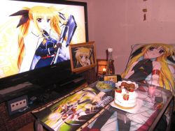 Rule 34 | 00s, bardiche (nanoha), belt, belt skirt, black legwear, blonde hair, cake, copyright name, cup, drinking glass, fate testarossa, food, fruit, full body, game console, gamecube, legs apart, leotard, letterboxed, lonely, lyrical nanoha, mahou shoujo lyrical nanoha, mahou shoujo lyrical nanoha a&#039;s, mahou shoujo lyrical nanoha strikers, meal, miniskirt, multiple views, no humans, otaku room, parted bangs, photo (medium), picture frame, playstation 3, product placement, skirt, standing, strawberry, television, thighhighs, twintails