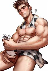 Rule 34 | 1boy, abs, animal print, arm hair, bara, biceps, blush, brown hair, censored, chest hair, cow boy, cow horns, cow print, cum, earrings, ejaculation, erection, facial hair, greenteaa, highres, horns, jewelry, leg hair, male focus, male masturbation, masturbation, mature male, muscular, muscular male, nipples, original, pectorals, penis, scar, scar on face, scar on nose, short hair, solo, stomach, stubble, testicles, thick thighs, thighs, towel, towel around neck, towel around waist