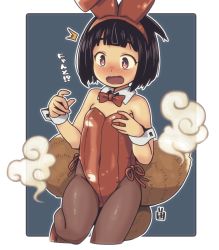 Rule 34 | 1girl, ^^^, animal ears, bare shoulders, blush, bow, bowtie, brown leotard, brown pantyhose, collar, commentary request, covered navel, detached collar, fake animal ears, fox ears, fox girl, fox tail, grey background, hairband, kitsune, kukuri (mawaru), leotard, mawaru (mawaru), nose blush, open mouth, original, outline, pantyhose, playboy bunny, rabbit ears, red bow, red bowtie, red hairband, solo, standing, standing on one leg, strapless, strapless leotard, tail, translation request, two-tone background, wavy mouth, white background, white collar, white outline, wing collar, wrist cuffs