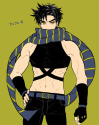 Rule 34 | 1boy, abs, bare shoulders, battle tendency, belt, covered mouth, crop top, fingerless gloves, gloves, groin, hand on own hip, jojo no kimyou na bouken, joseph joestar, joseph joestar (young), limited palette, male focus, midriff, scarf, setsunano, shirt, solo, striped clothes, striped scarf, taut clothes, taut shirt