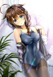 Rule 34 | 1girl, absurdres, bare shoulders, blue eyes, blush, braid, breasts, brown eyes, brown hair, closed mouth, gluteal fold, hair flaps, hair ornament, head tilt, highres, indoors, jewelry, kantai collection, koyuki (kotatsu358), leaf, long hair, looking at viewer, medium breasts, off shoulder, pantyhose, pantyhose under swimsuit, plant, remodel (kantai collection), ring, scan, shigure (kancolle), shiny skin, sidelocks, swimsuit, undressing