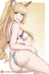 Rule 34 | 1girl, animal ears, aslindsamure, ass, back, bare shoulders, blonde hair, blunt bangs, blush, border, bra, braid, breasts, butt crack, erune, french braid, gradient background, granblue fantasy, highres, large breasts, long hair, looking at viewer, looking back, open mouth, panties, ponytail, skindentation, smile, solo, thighs, underwear, very long hair, white border, white bra, white panties, yellow background, yuisis (granblue fantasy)