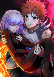 Rule 34 | 1boy, 1girl, bandaged hand, black dress, blood, blood on face, blush, breasts, carrying, closed eyes, collarbone, commentary request, crying, crystal, dark sakura, dousunnen, dress, emiya shirou, fate/stay night, fate (series), fire, hand on own chest, heaven&#039;s feel, highres, large breasts, long hair, long sleeves, lower teeth only, matou sakura, open mouth, pants, princess carry, raglan sleeves, shirt, short hair, silver hair, sleeves past wrists, spoilers, striped clothes, striped dress, tears, teeth, torn clothes, torn shirt, white shirt