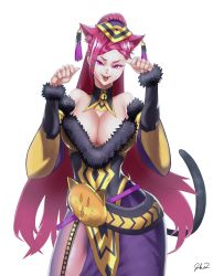 Rule 34 | 1girl, absurdres, animal ear fluff, animal ears, bare shoulders, bell, belt, braid, breasts, cat ears, cat girl, cat tail, cleavage, collar, dress, extra ears, fang, feather trim, fire emblem, fire emblem heroes, gloves, hair ornament, hat, highres, jeckylo1, jingle bell, large breasts, lips, loki (fire emblem), long hair, looking at viewer, neck bell, nintendo, open mouth, paw pose, pink belt, purple eyes, purple hair, simple background, smile, solo, tail