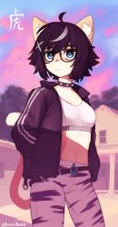 Rule 34 | 1girl, ahoge, animal ears, belt, black hair, black jacket, blue eyes, breasts, closed mouth, collar, day, furry, furry female, hair ornament, hands in pockets, highres, jacket, looking at viewer, medium breasts, medium hair, multicolored hair, navel, open clothes, open jacket, original, outdoors, pants, power symbol, solo, spiked collar, spikes, sports bra, standing, streaked hair, striped clothes, striped pants, tail, white tiger print, x hair ornament, yoako