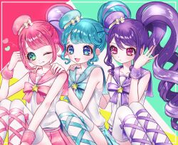 Rule 34 | 3girls, ;p, ao (ao0 0nemu), bad id, bad twitter id, blue eyes, blue hair, blue hat, blue ribbon, blue sailor collar, blush, closed mouth, commentary request, green eyes, hair bun, hand on another&#039;s shoulder, hand up, hat, highres, junon (pripara), kanon (pripara), knees up, long hair, looking at another, looking at viewer, mini hat, multicolored hair, multiple girls, neck ribbon, one eye closed, open mouth, pink hair, pink hat, pink ribbon, pink sailor collar, pink skirt, pinon (pripara), pleated skirt, pretty series, pripara, purple hair, purple hat, ribbon, sailor collar, sailor shirt, shirt, side ponytail, sidelocks, single side bun, sitting, skirt, smile, star (symbol), streaked hair, tehepero, tongue, tongue out, very long hair, white shirt, wrist cuffs