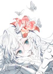 Rule 34 | 1girl, blue eyes, bug, butterfly, closed mouth, expressionless, flower, hair between eyes, hair flower, hair ornament, highres, insect, karo (karohroka), lily (flower), long hair, looking at viewer, lying, mechanical arms, on side, original, pale skin, red flower, simple background, solo, white background, white butterfly, white hair, white theme