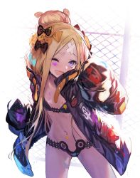 Rule 34 | 1girl, abigail williams (fate), abigail williams (swimsuit foreigner) (fate), abigail williams (swimsuit foreigner) (first ascension) (fate), abigail williams (traveling outfit) (fate), akieda, bandaid, bandaid on face, bandaid on forehead, belt, bikini, black bikini, black bow, black jacket, blonde hair, blue eyes, blush, bow, breasts, chain-link fence, crossed bandaids, fate/grand order, fate (series), fence, forehead, hair bow, hair bun, heroic spirit traveling outfit, high collar, highres, jacket, long hair, long sleeves, multiple hair bows, navel, official alternate costume, open clothes, open jacket, open mouth, orange belt, orange bow, parted bangs, single hair bun, sleeves past fingers, sleeves past wrists, small breasts, smile, solo, swimsuit, thighs