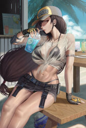 Rule 34 | 1girl, baseball cap, bikini, bikini under clothes, black bikini, breasts, brown hair, collarbone, commentary, costa del sol, cup, drinking, drinking straw, english commentary, final fantasy, final fantasy vii, final fantasy vii ever crisis, final fantasy vii remake, hat, highres, large breasts, long hair, looking at viewer, low-tied long hair, navel, red eyes, see-through, see-through shirt, shirt, silvertsuki, solo, swimsuit, thighs, tifa lockhart, tifa lockhart (lifeguard)