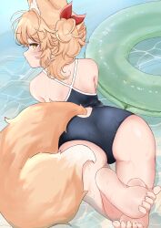 Rule 34 | 1girl, animal ear fluff, animal ears, ass, bare legs, bare shoulders, barefoot, blonde hair, blue one-piece swimsuit, blush, bow, closed mouth, clothing cutout, curly hair, dot mouth, expressionless, feet, feet up, fluffy, fox ears, fox girl, fox tail, from above, green innertube, hair bow, highres, innertube, lily (pixiv 18195067), looking at viewer, looking back, lying, medium hair, on stomach, one-piece swimsuit, one side up, original, red bow, shallow water, sideways glance, soles, solo, swim ring, swimsuit, tail, tail through clothes, thigh gap, toes, water, wet, yellow eyes