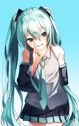 Rule 34 | 1girl, aqua eyes, aqua hair, aqua necktie, arm behind back, bare shoulders, black skirt, black sleeves, blue sky, calling, commentary, covering own mouth, cowboy shot, day, detached sleeves, grey shirt, hair ornament, hand over own mouth, hatsune miku, highres, leaning forward, light smile, long hair, looking at viewer, necktie, open mouth, rain (aaru), shirt, shoulder tattoo, skirt, sky, sleeveless, sleeveless shirt, solo, tattoo, twintails, very long hair, vocaloid