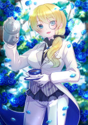 Rule 34 | 1girl, absurdres, alternate hairstyle, artist name, black ribbon, black shirt, blonde hair, blouse, blue eyes, blue flower, blue rose, coattails, collar, commentary, cowboy shot, cup, darjeeling (girls und panzer), dated, floral background, flower, frilled collar, frills, girls und panzer, girls und panzer senshadou daisakusen!, gloves, grey-framed eyewear, grey vest, hair down, hair ribbon, high collar, highres, holding, holding saucer, holding teapot, itsumip, jacket, long hair, looking at viewer, monocle, neck ribbon, official alternate costume, open mouth, pants, petals, ribbon, rose, round eyewear, saucer, shirt, signature, smile, solo, standing, striped clothes, striped vest, sunlight, teacup, teapot, vertical-striped clothes, vertical-striped vest, vest, white gloves, white jacket, white pants, white ribbon