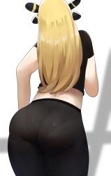 Rule 34 | 1girl, alternate costume, ass, black pants, black shirt, blonde hair, cowboy shot, creatures (company), cynthia (pokemon), facing away, from behind, game freak, hair ornament, highres, leaning forward, nintendo, pants, pantylines, pokemon, pokemon dppt, sana!rpg, shirt, short sleeves, solo, tight clothes, tight pants, white background, yoga pants