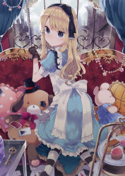 Rule 34 | 1girl, alice (alice in wonderland), alice in wonderland, apron, ass, black bow, black gloves, black hat, blonde hair, blue dress, blue eyes, blurry, blush, bow, cake, card, closed mouth, cloud, commentary request, couch, cupcake, curtains, depth of field, diamond (shape), dress, feet out of frame, fingerless gloves, food, frilled apron, frilled dress, frilled pillow, frills, from behind, gloves, hair bow, hairband, hands up, hat, heart, heart-shaped pillow, highres, ikeuchi tanuma, indoors, key, kneeling, long hair, looking at viewer, looking back, macaron, maid apron, mini hat, mini top hat, muffin, no shoes, original, pantyhose, pillow, plaid, plaid pillow, playing card, polka dot, polka dot pillow, puffy short sleeves, puffy sleeves, short sleeves, sky, solo, spade (shape), star (symbol), striped clothes, striped pantyhose, stuffed animal, stuffed mouse, stuffed rabbit, stuffed toy, teddy bear, tiered tray, top hat, tsurime, very long hair, white apron, window