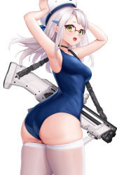 Rule 34 | 1girl, absurdres, all-break, allenes, ass, beret, black choker, breasts, bullpup, choker, double-barreled shotgun, from behind, glasses, goddess of victory: nikke, green eyes, gun, hair ornament, hairclip, hat, highres, looking at viewer, medium breasts, medium hair, multiple-barrel firearm, neon (nikke), open mouth, pump-action shotgun, pump action, shotgun, side-by-side-barreled shotgun, skindentation, smile, solo, standard manufacturing dp-12, standing, swimsuit, swimsuit under clothes, thighhighs, thighs, twisted torso, vertical forward grip, weapon, white hair, white hat, white thighhighs