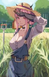 Rule 34 | 1girl, absurdres, alternate costume, black choker, black gloves, blue overalls, breasts, choker, collarbone, gloves, hair bun, hand on own hip, hat, highres, hololive, hololive english, horned hat, large breasts, looking at viewer, mori calliope, o22no, overalls, pink eyes, pink hair, shirt, shovel, sidelocks, single hair bun, stardew valley, straw hat, suspenders, virtual youtuber, wheat field, white shirt, wide hips, wiping forehead